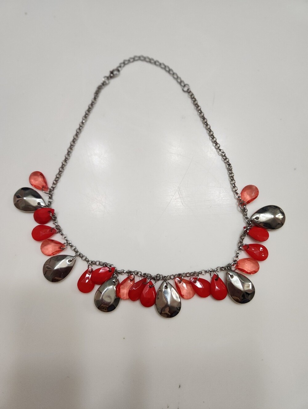 Silver Chain Necklace with Red and Coral Teardrop Beads